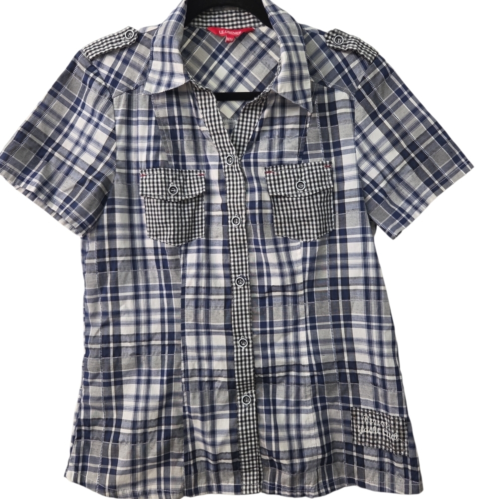 Le Grenier Navy Plaid Button Down Shirt Y2K Size Medium